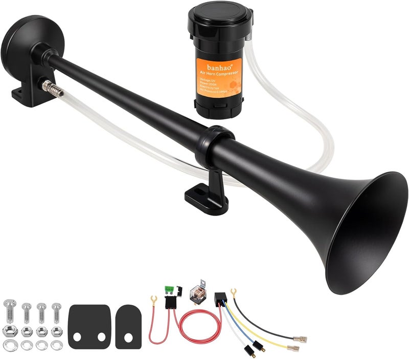banhao Train Horn for Truck 150db 12V, Super Loud black Single Trumpet Truck Air Horn with Compressor, suitable for Any 12V Vehicles Train Car Ship Boat Lorry (Black 1 tube horn with wire) - Image 1